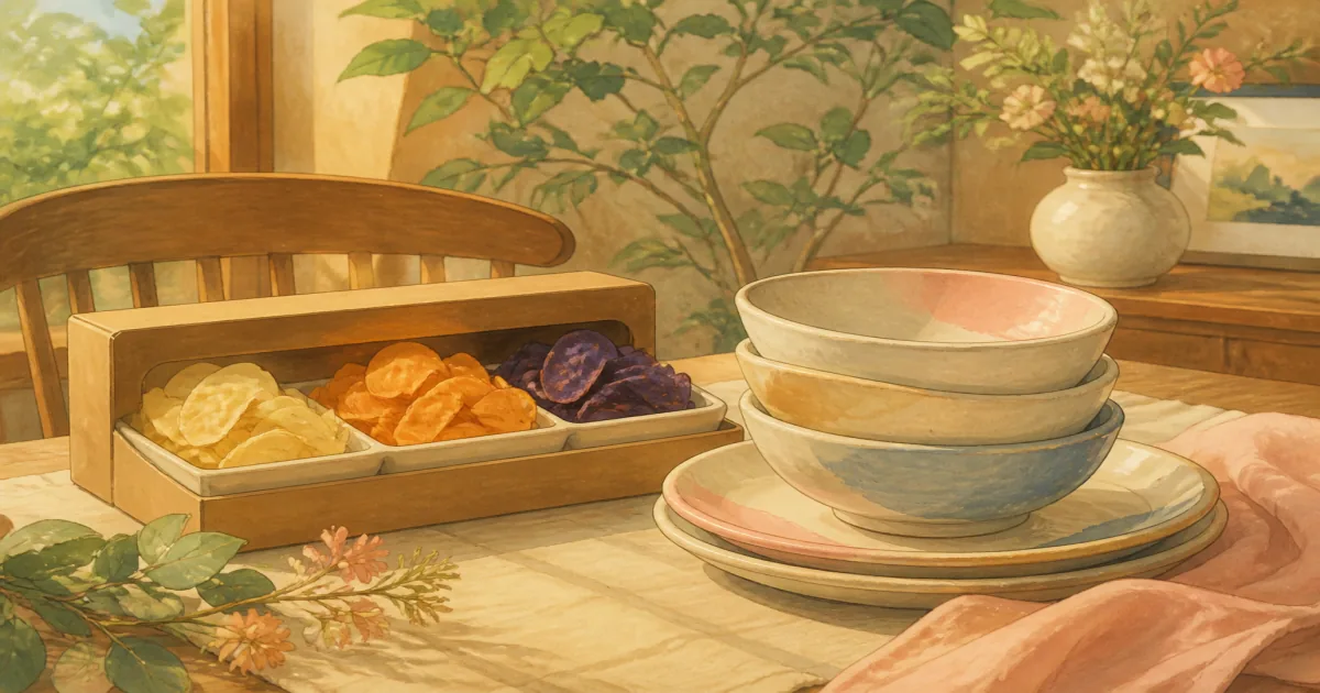 Hand-painted retail chip case beside a custom ceramic stack on a home dining table