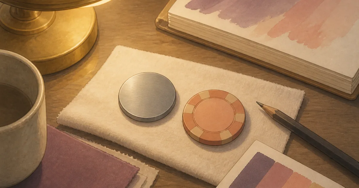 Hand-painted design desk with blank metal token and clay chip proof beside a soft lamp - engraved poker chips vs printed custom
