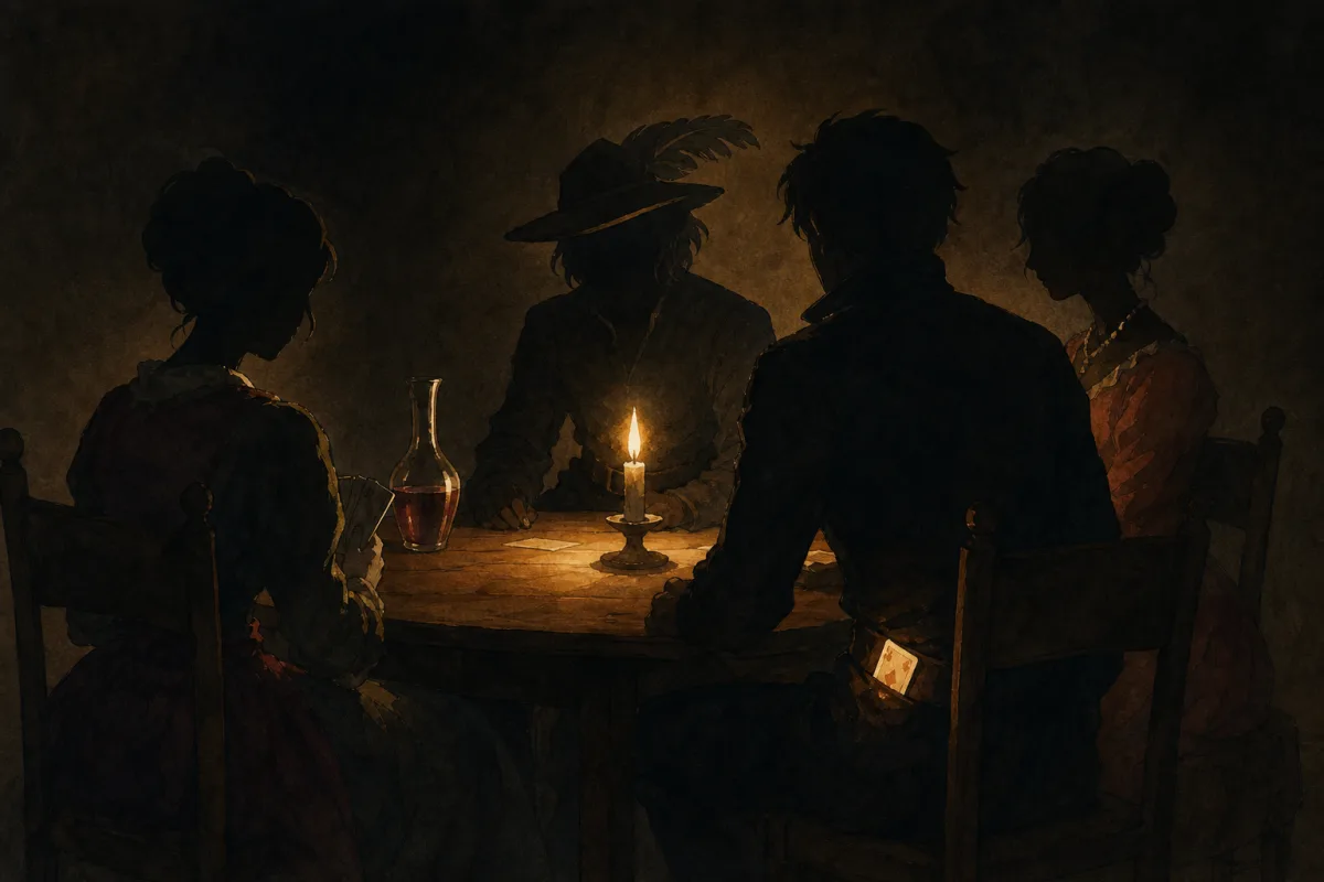 Ghibli-style candlelit card table with four silhouettes, warm single flame, hidden card edge glowing - Georges de La Tour Cheat with the Ace of Clubs art history