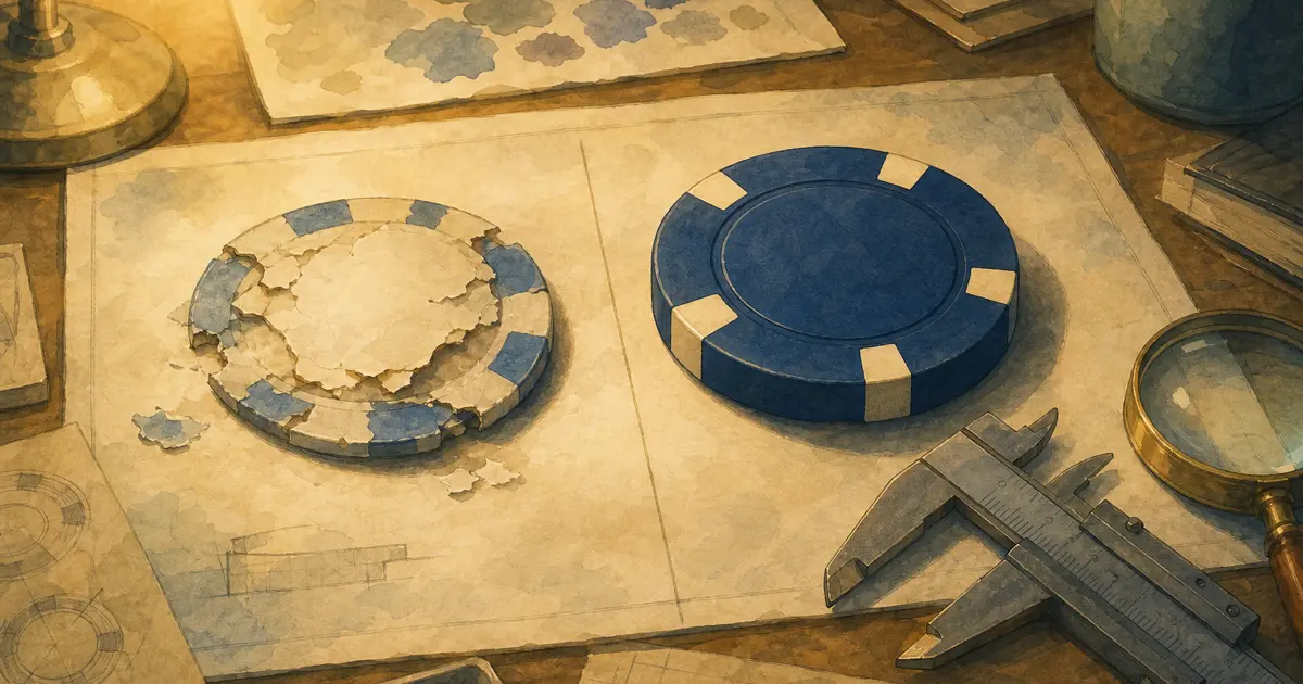 Ghibli-style hands comparing a thin plastic chip and a dense 10g clay chip on a design desk with calipers - high-quality poker chip set criteria