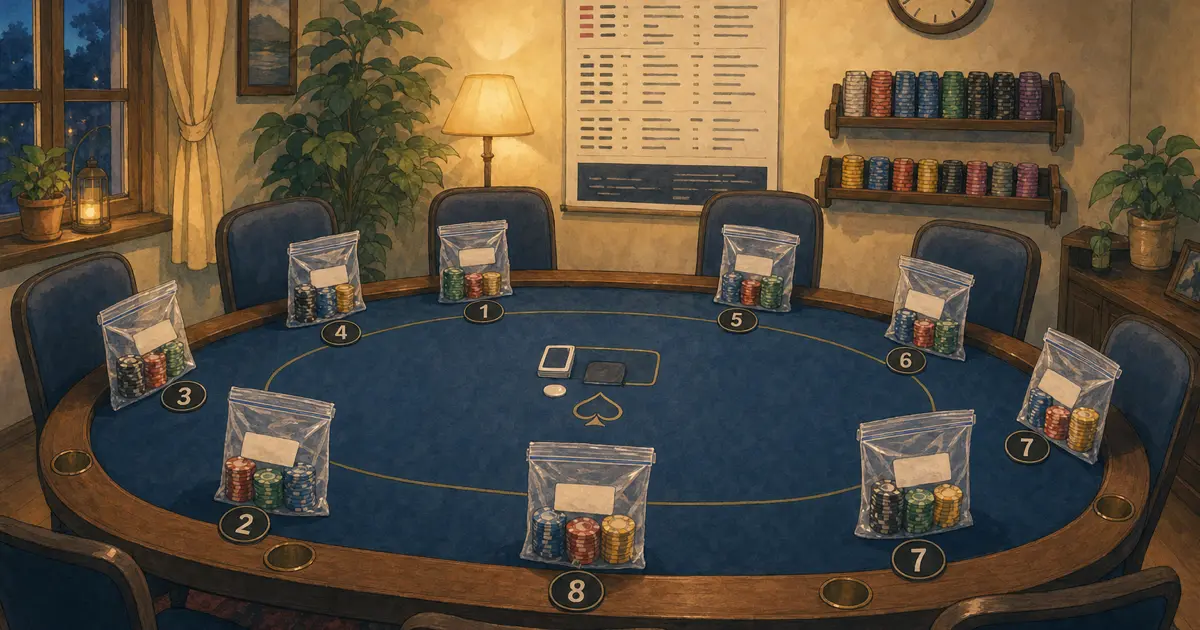 Ghibli-style home poker room with labelled chip bags per seat, wall blind poster, and chip racks - home poker tournament chip setup
