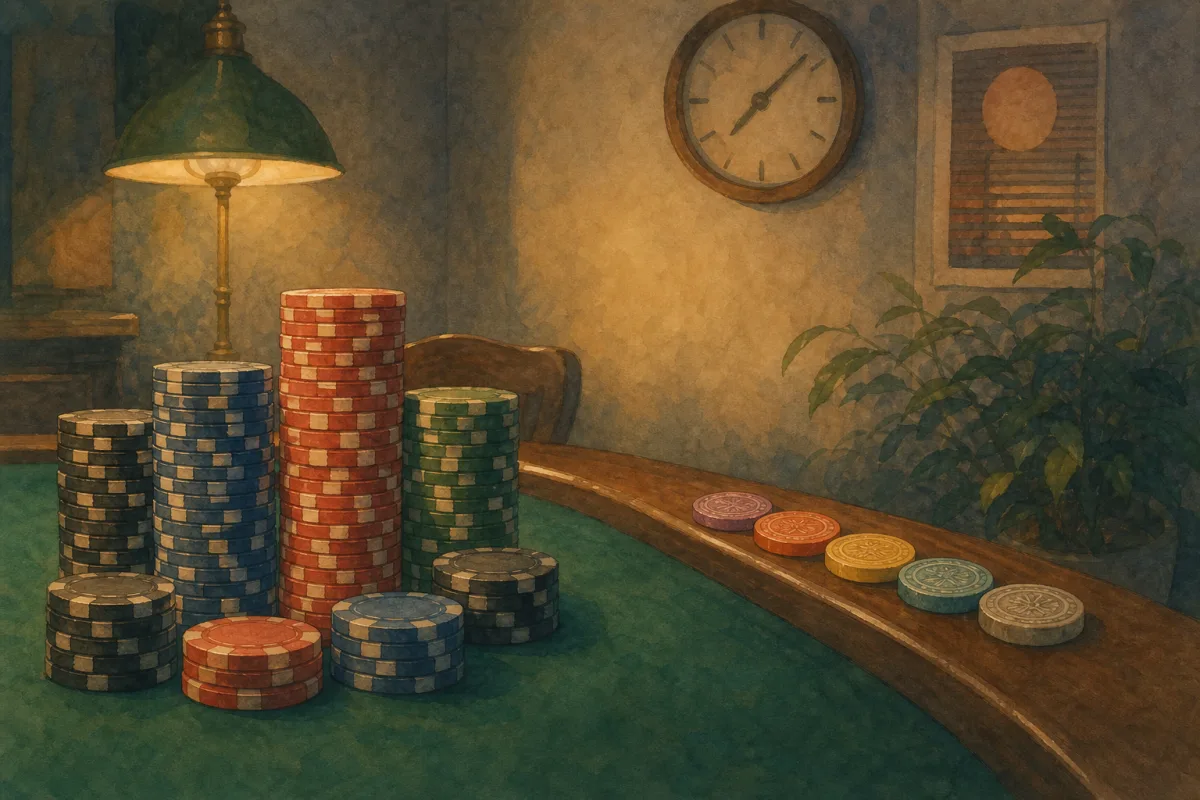 Ghibli-style home poker table with main chip stacks and separate small bounty marker chips on the rail - home tournament bounty knockout chip guide