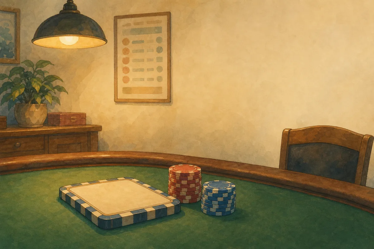 Ghibli-style home poker table with one oversized rectangular plaque beside stacks of standard round chips and a blind-level poster on the wall - home tournament poker chip plaques