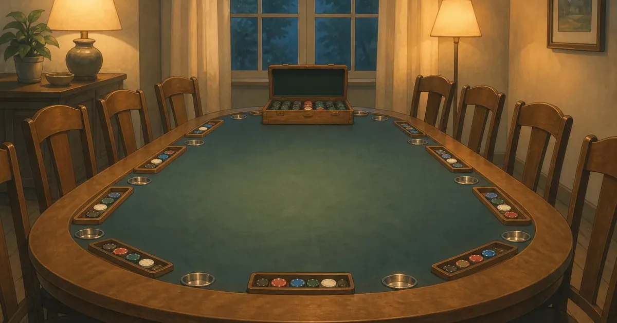 Ghibli-style long dining table with ten empty chairs and narrow chip racks under warm lamps - how many poker chips for ten players
