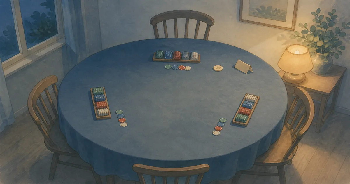 Hand-painted three-player home table with narrow chip racks and an empty chair for a poker chip setup