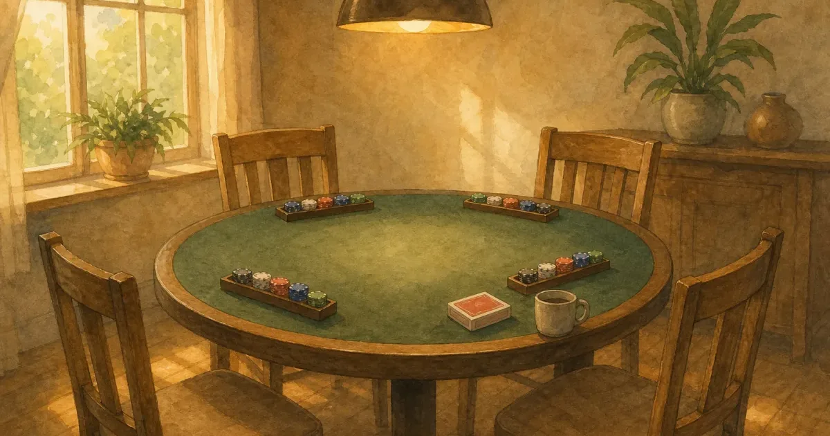 Ghibli-style dining table with four empty chairs, four small chip racks, and a warm pendant lamp — how many poker chips for four players