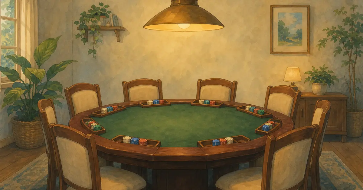 Ghibli-style dining table with eight empty chairs, eight chip racks, and warm pendant light - how many poker chips for eight players