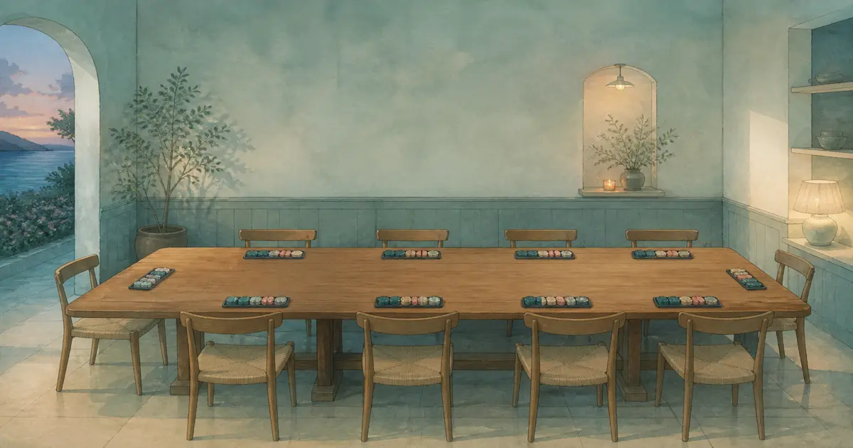Soft pastel dining room with nine chairs and narrow chip racks under warm lamps - how many poker chips for nine players