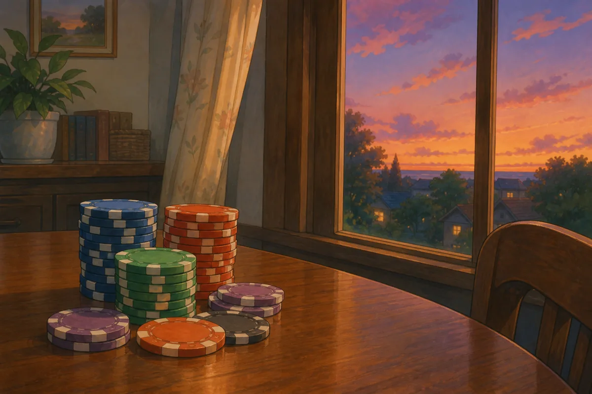 Illustration of colourful poker chips stacked on a wooden home dining table at dusk — how many chips you need for a home game