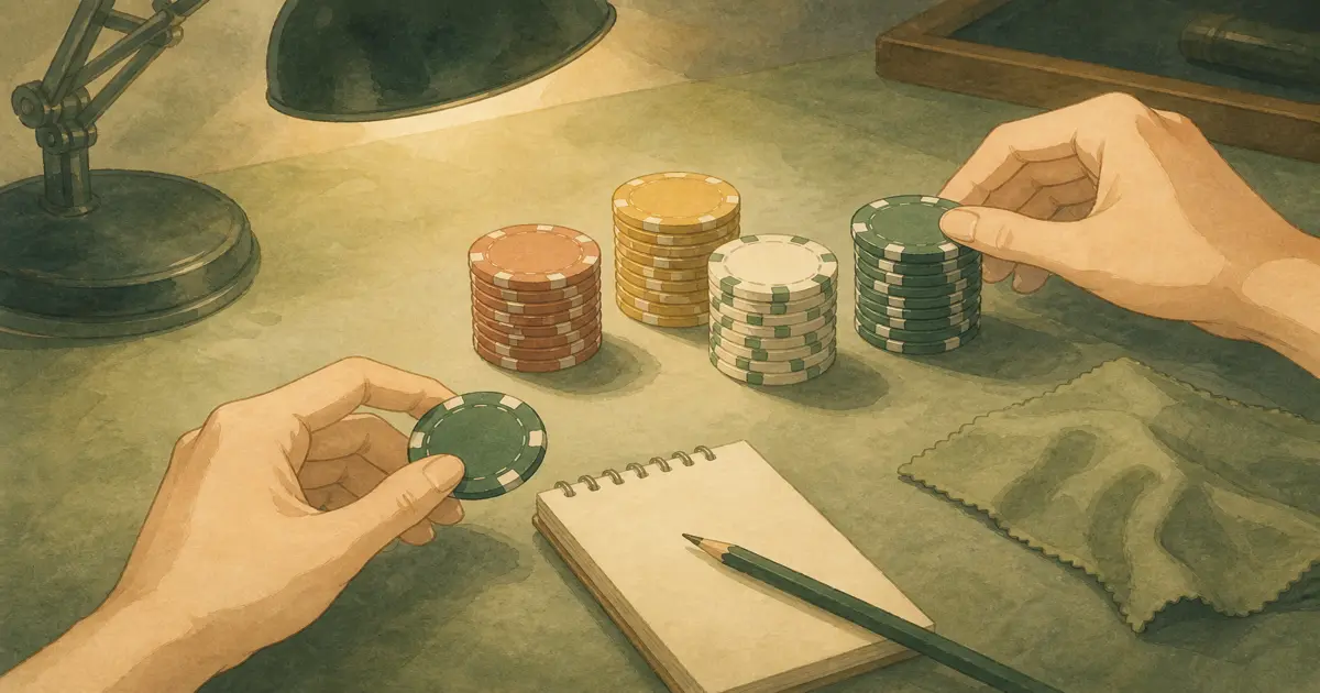 Quiet desk lamp over neat chip stacks in twenties beside a notepad - how to count poker chips at home