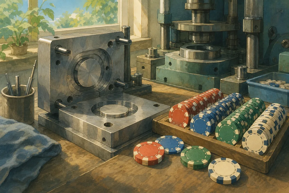 Illustration of a workbench with a poker chip mould and finished chips in rows - how custom poker chips are engineered and made
