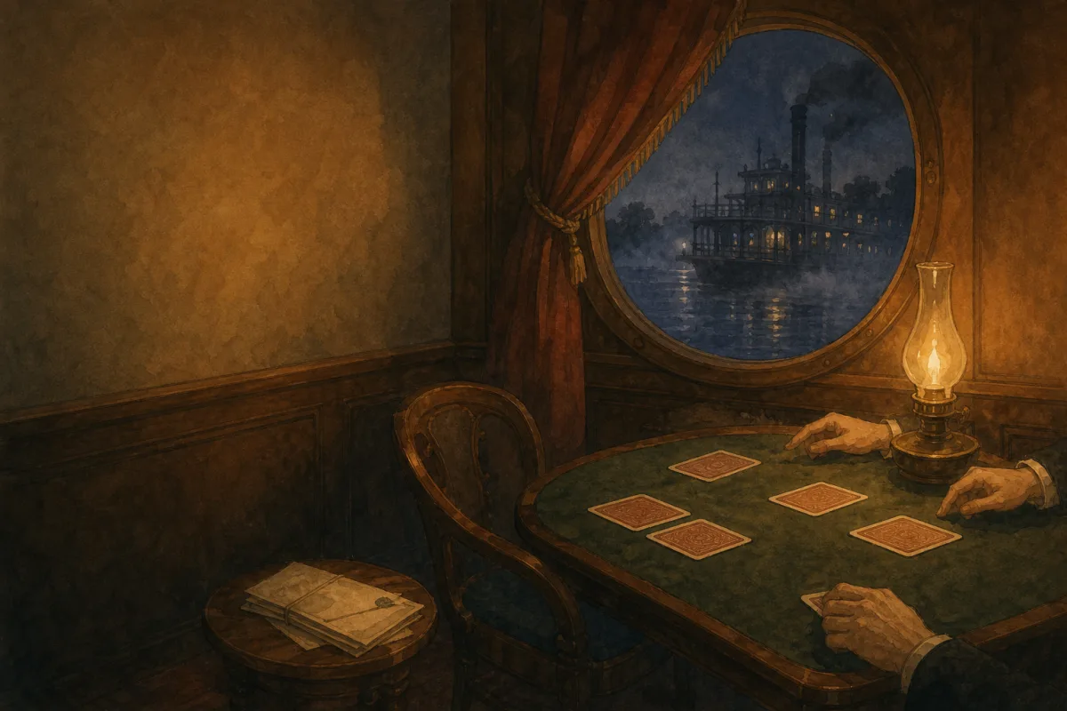 Ghibli-style Mississippi steamboat salon with candlelit card table, folded letters on a side stool, and river mist through a porthole - Mark Twain poker literary culture