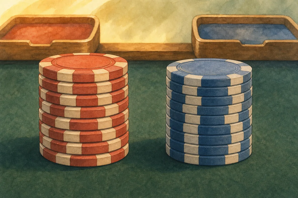 Ghibli-style split close-up of bevelled clay chip stack beside flat-edge ceramic stack on felt with two labelled trays - mixing clay and ceramic poker chips