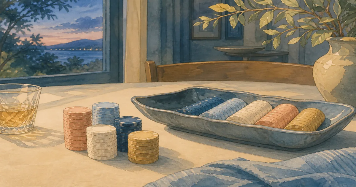 Hand-painted collector clay chip tray beside a custom home-game clay stack on a dining table