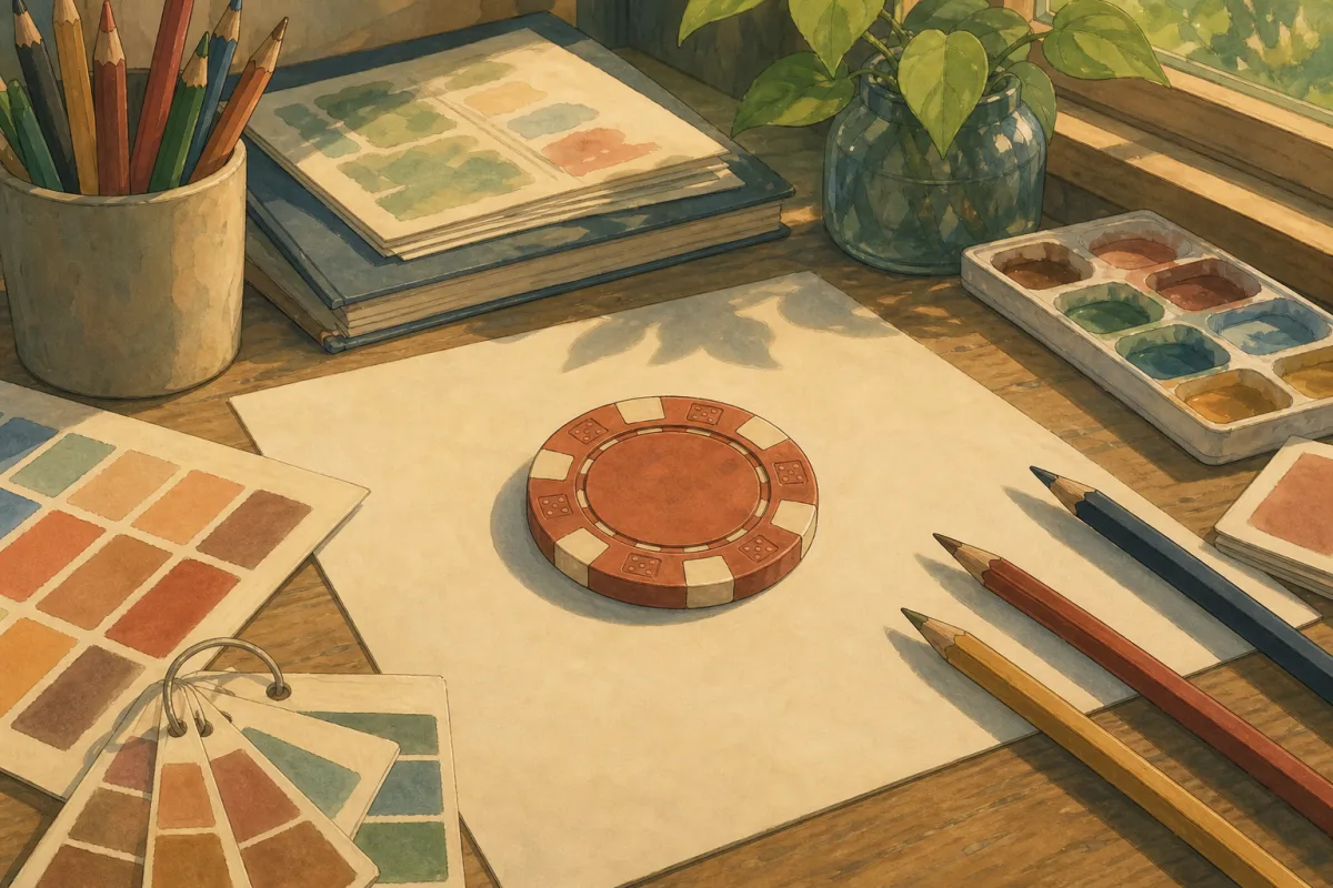 Illustration of a design desk with colour swatches and a poker chip prototype - poker chip artwork and design guide