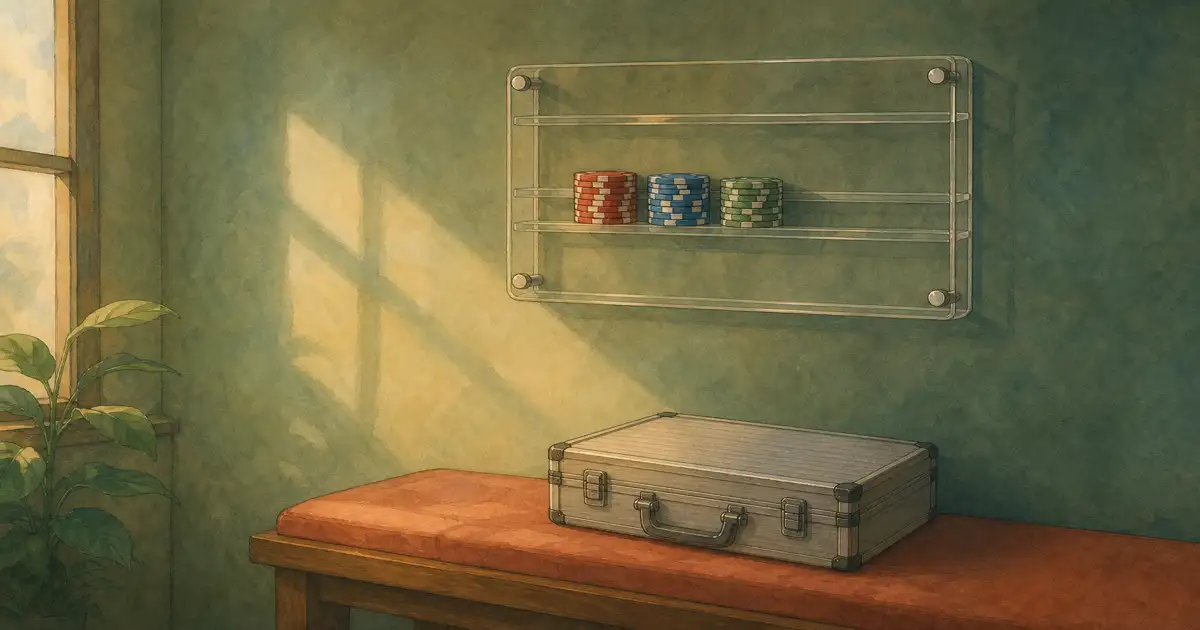 Ghibli-style wall-mounted acrylic poker chip display with a few stacked chips catching soft window light beside a closed metal travel case - poker chip display case guide