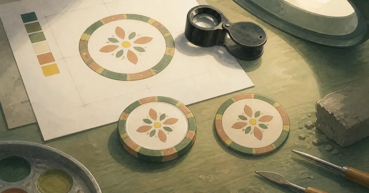 Hand-painted design desk with a poker chip inlay proof, loupe, and thin clay and ceramic chips