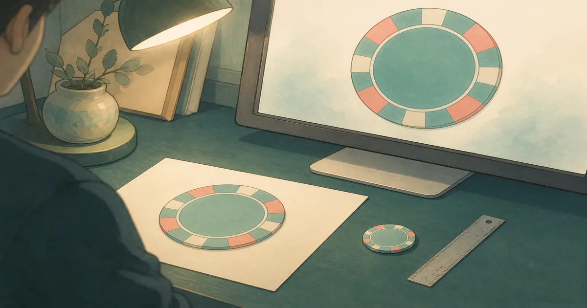 Hand-painted design desk comparing a screen poker chip mockup with a paper proof and physical chip
