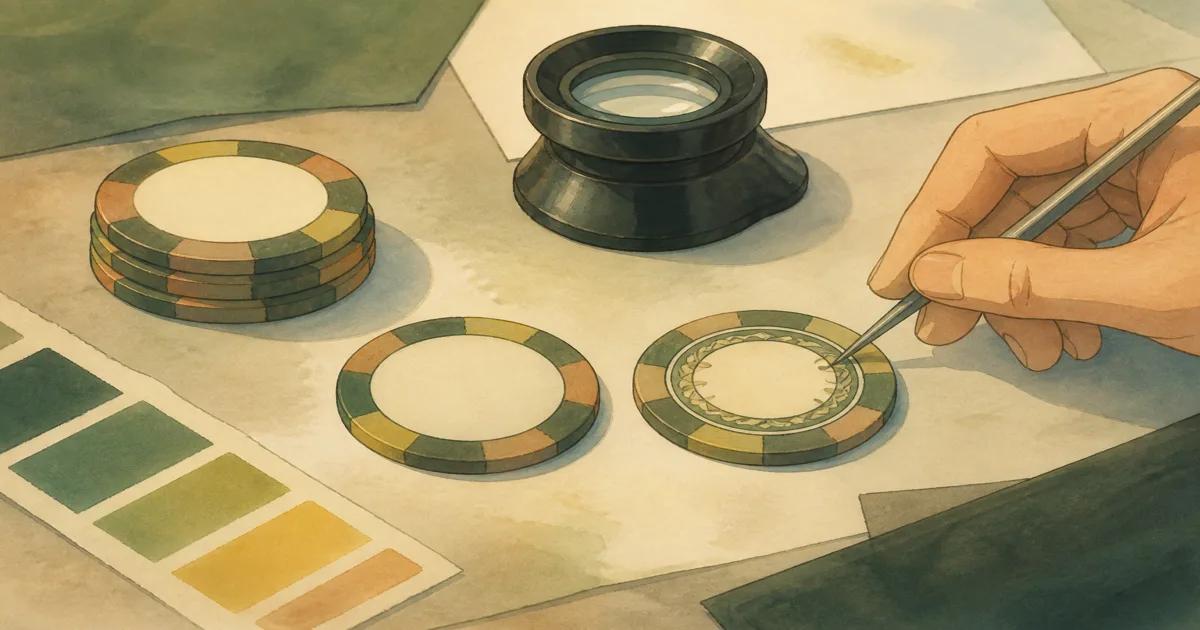 Hand-painted print-proof desk with colour swatches and poker chips for a poker chip printing guide