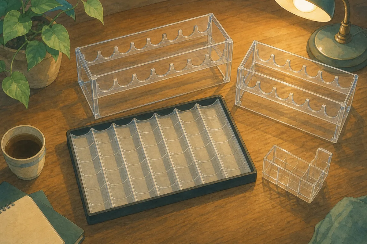 Ghibli-style overhead view of empty two-tier chip racks, acrylic carrier, and dealer tray on a wooden desk - poker chip racks and trays guide