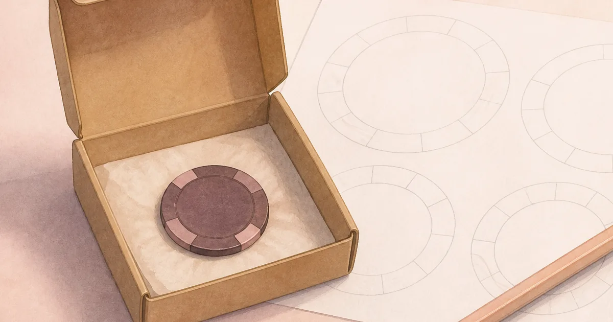 Dusty rose still life of a small open box with one thin casino-size chip beside a printed proof sheet and a pencil - poker chip sample before a custom order