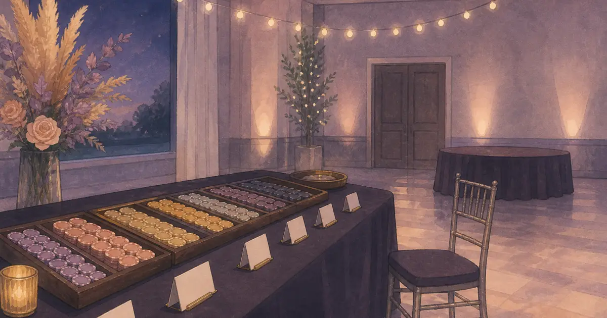 Hand-painted event room with prepared chip trays and place cards for a poker chip set for a casino night