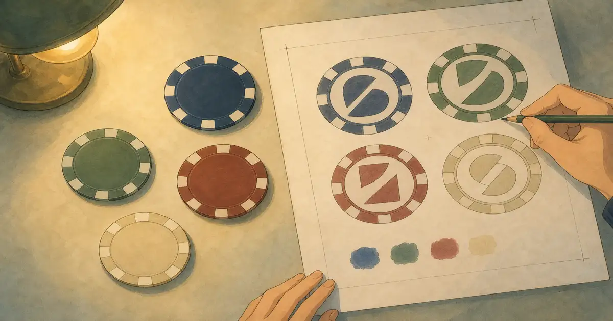 Ghibli-style overhead desk view of blank chip colour swatches beside a proof sheet with bold centre numerals on each face - poker chips with denominations guide