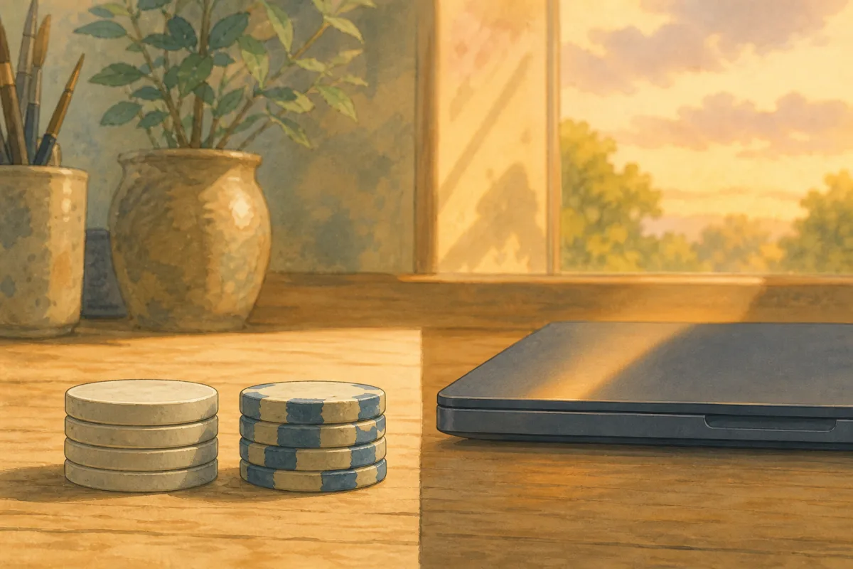 Split-scene hand-painted ceramic chips - flat edge profile beside instant-quote laptop on desk - Poker Foundry vs BR Pro comparison