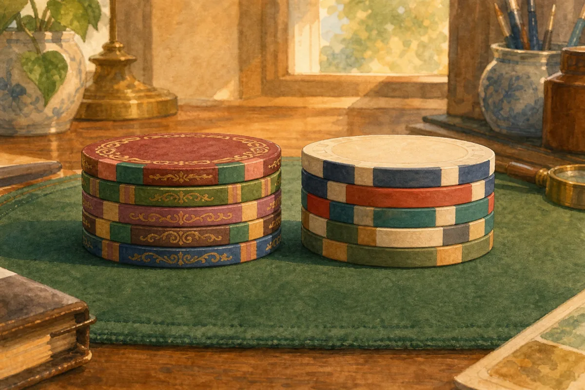 Split-scene hand-painted ornate collector clay stack beside modern custom clay inlay chip - Poker Foundry vs Classic Poker Chips