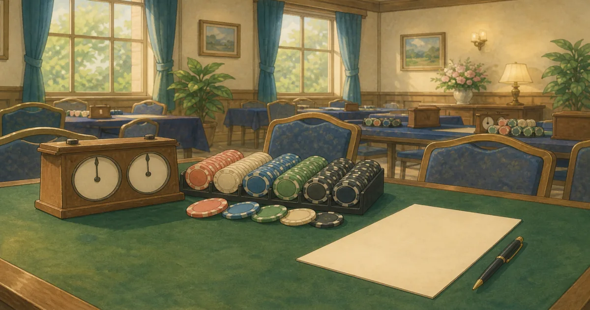 Hand-painted tournament setup with a blind clock, chip racks, and a written starting stack plan for a poker tournament chip calculator