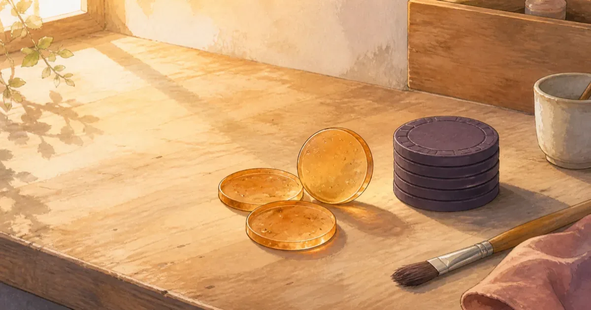 Hand-painted translucent amber cast resin discs beside a modest 10g clay stack on a workshop bench - resin poker chips vs casino-grade chips