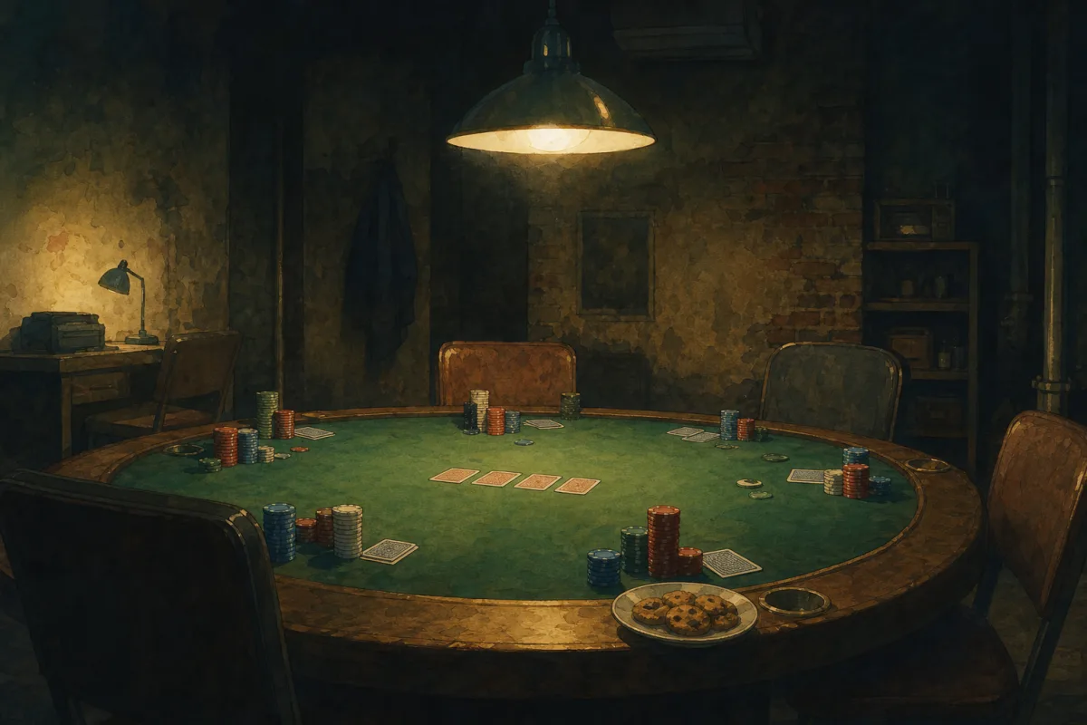 Ghibli-style underground poker room with single overhead lamp, chip stacks at empty seats, cookie plate on felt edge - Rounders 1998 poker film culture