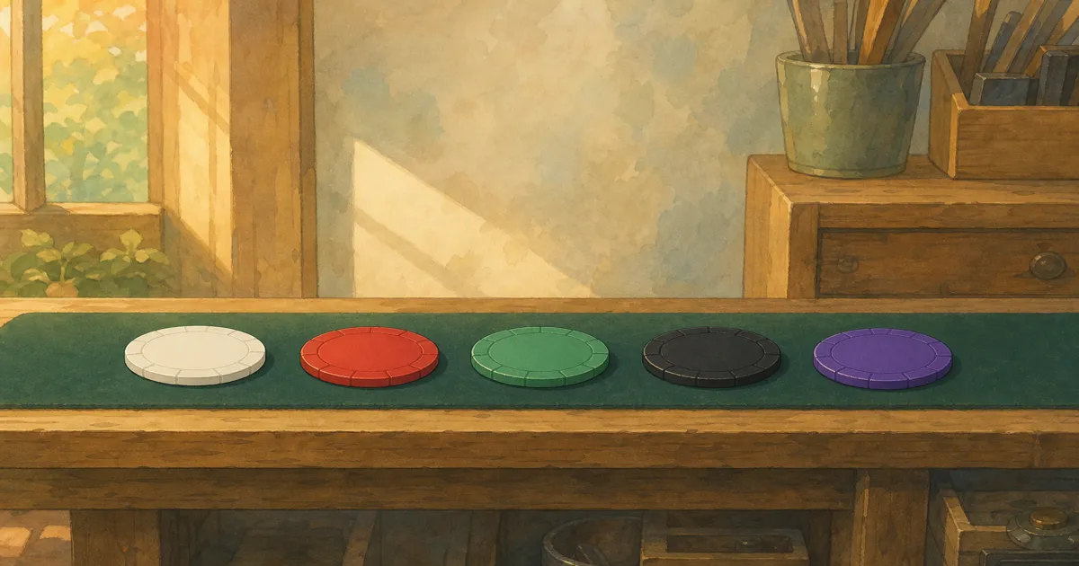 Ghibli-style shelf with five coloured poker chip discs in a row on felt — standard poker chip colours reference