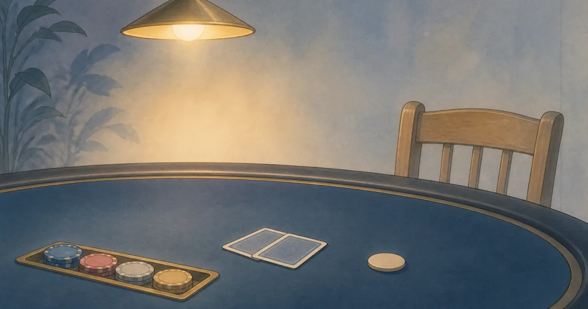 Hand-painted home poker table with two hole cards face down beside a modest chip rack - Texas holdem poker chips guide