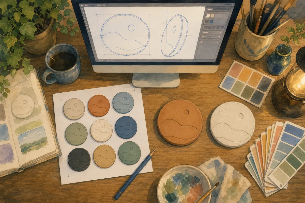 Ghibli-style design desk with vector paths on screen and a printed PNG proof beside clay and ceramic chip samples - vector vs PNG poker chip artwork