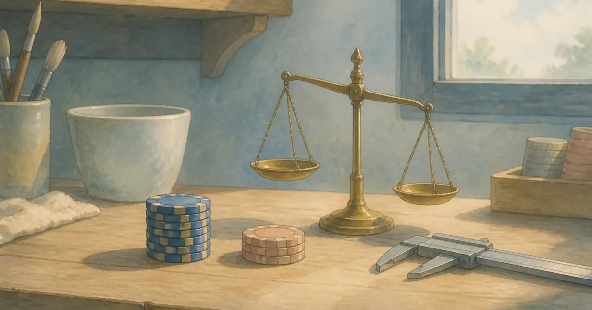 Hand-painted workshop bench with scale and small coin-sized chip stacks of different heights - weighted poker chips comparison