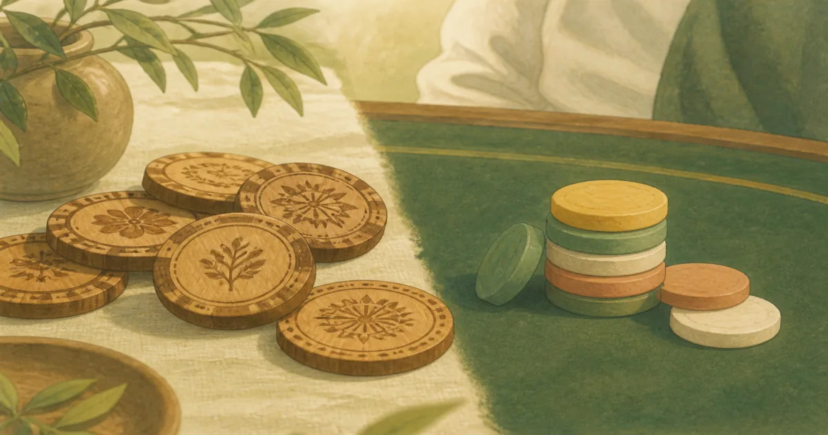 Hand-painted split scene of laser-etched wooden poker chips beside a modest 10g clay stack on felt