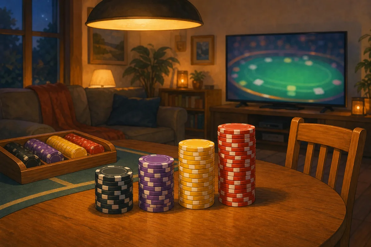 Studio illustration of a home Main Event watch party with ascending stacks of round Paulson-style chips in distinct colours on a dining table, soft TV glow in the background