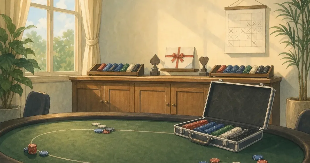 Ghibli-style home poker room with two chip racks labelled by flight and a prize poster silhouette on the wall — WSOP Millionaire Maker home tournament guide