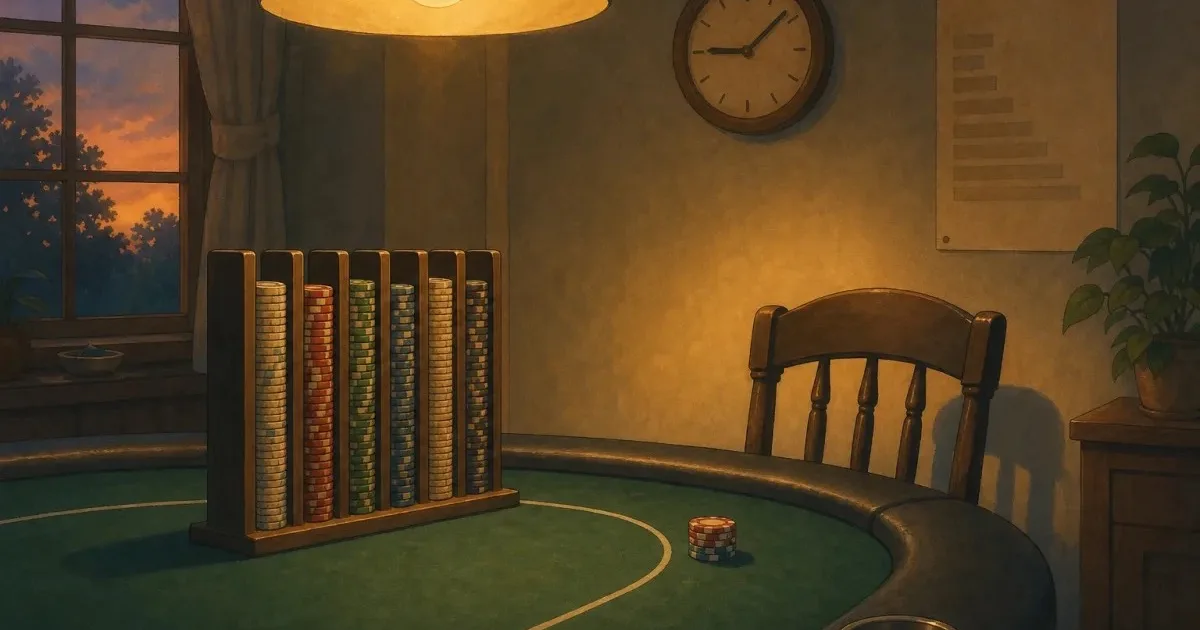 Ghibli-style home poker table with unusually tall chip racks beside a wall clock and blind poster — WSOP Monster Stack deep-stack home tournament guide